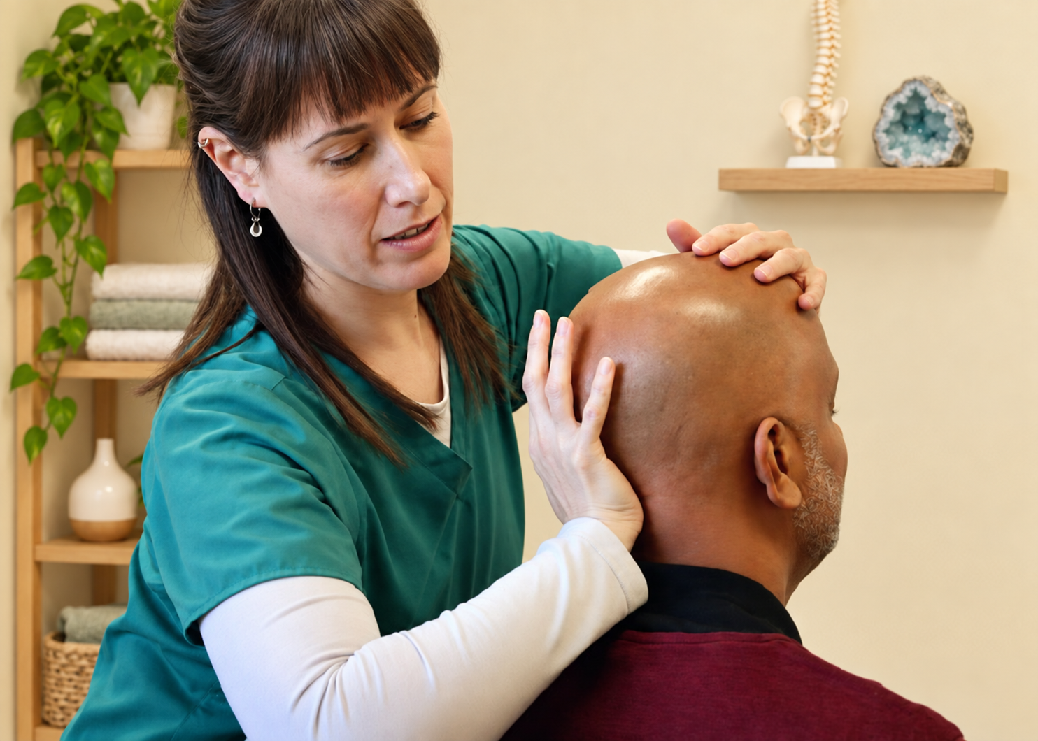 Dr. Hannah Cork standing with her hands placed on a seated patient's head